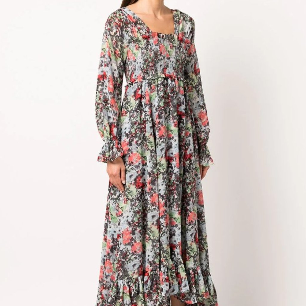 Cinq A Sept Size 8 Leigh Chiffon Floral Split L/S Square Neck Smocked Ma
